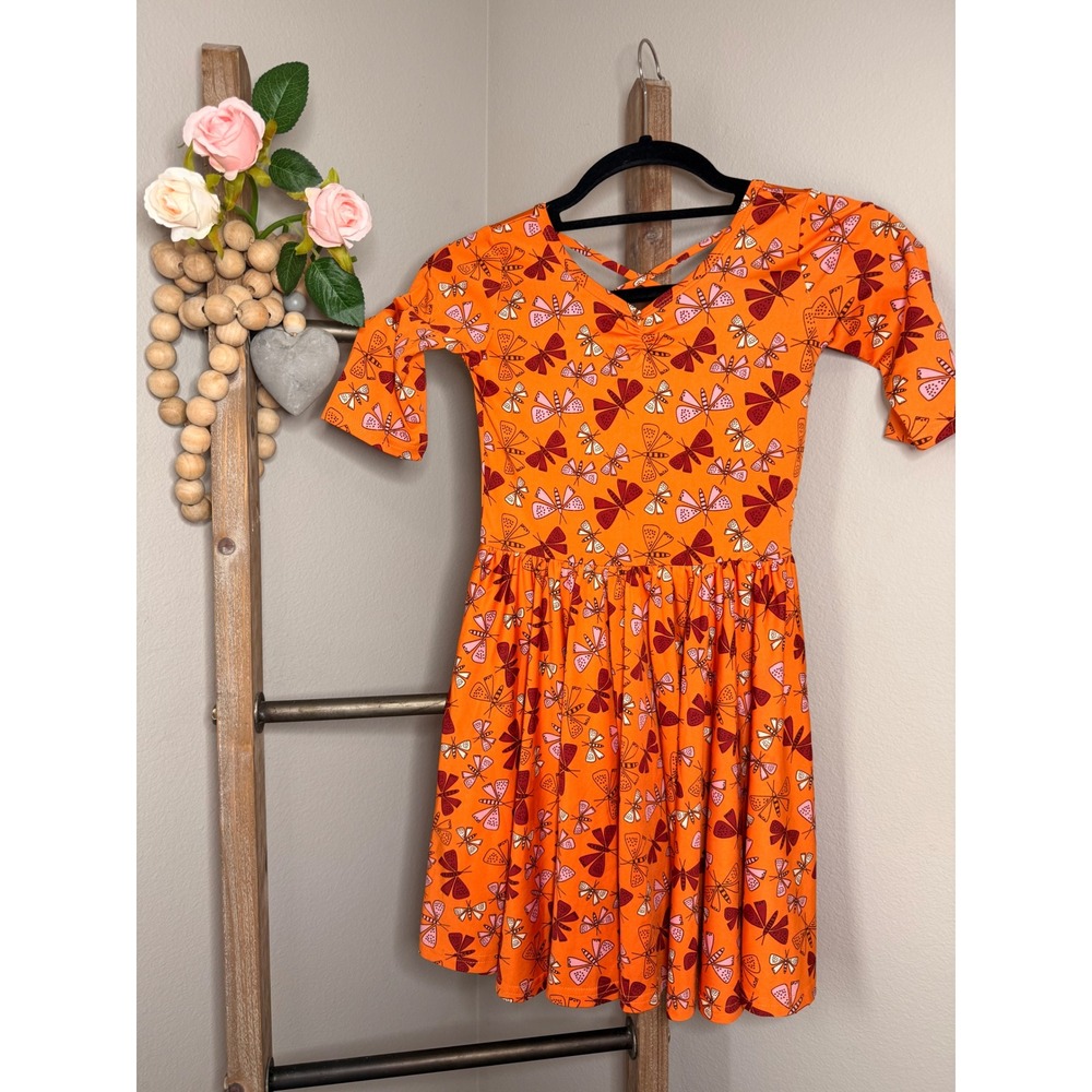 DotDotSmile Girls Orange Moth Butterfly Print Strappy Back Skater Dress Size 7